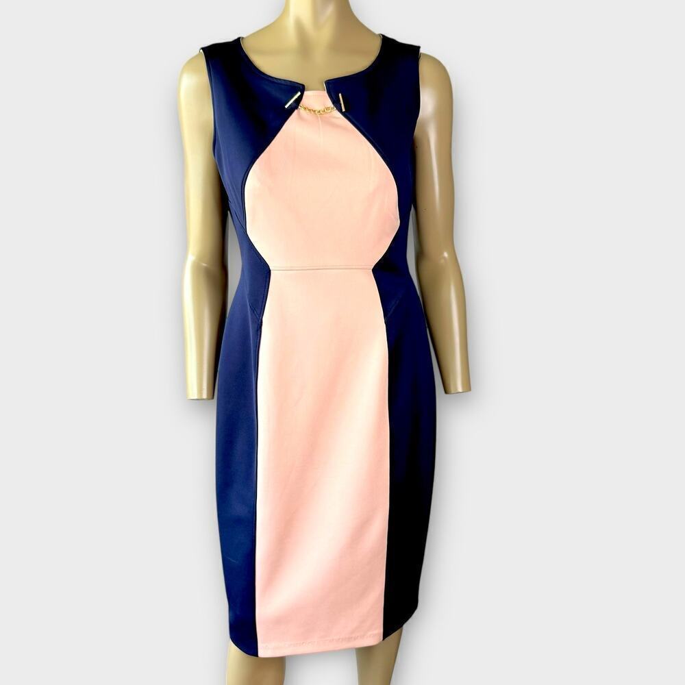 Enfocus Studio Sleeveless Sheath Scuba Pencil Dress Size 12 Colorblock Navy Pink